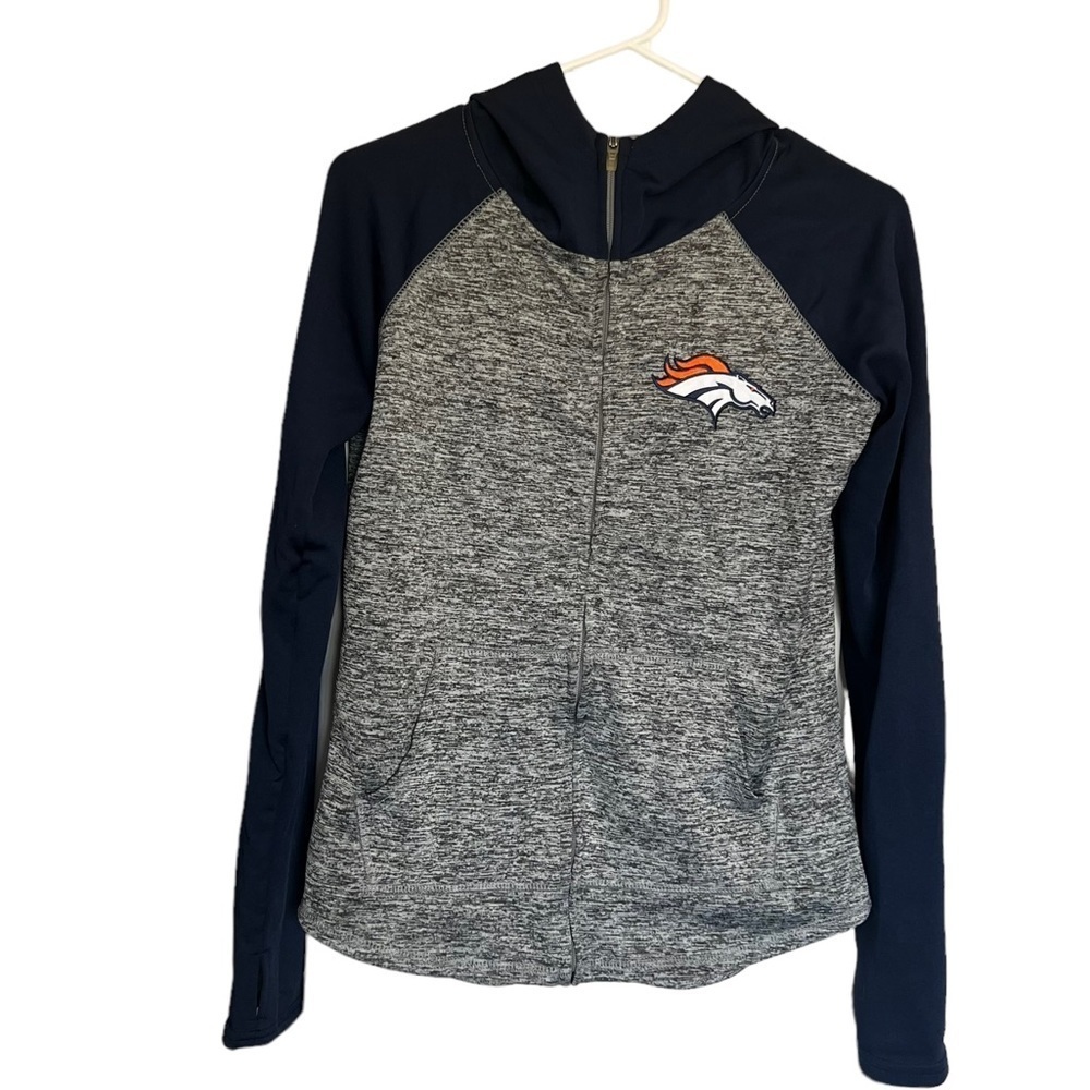 Full Zip Denver Broncos Hooded Jacket - Pockets & Thumbholes. Size small